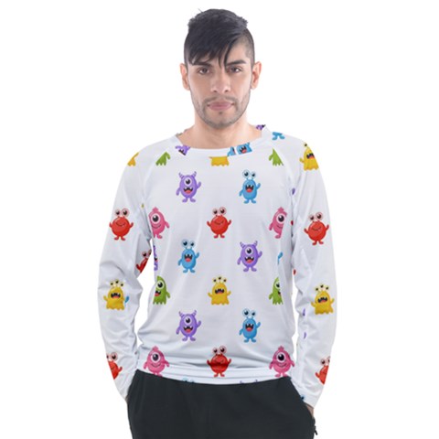 Seamless-pattern-cute-funny-monster-cartoon-isolated-white-background Men s Long Sleeve Raglan Tee by Simbadda