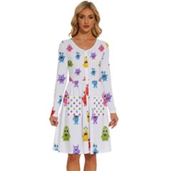 Seamless-pattern-cute-funny-monster-cartoon-isolated-white-background Long Sleeve Dress With Pocket by Simbadda