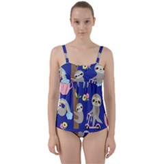 Hand-drawn-cute-sloth-pattern-background Twist Front Tankini Set by Simbadda