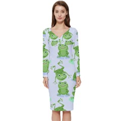 Cute-green-frogs-seamless-pattern Long Sleeve V-neck Bodycon Dress  by Simbadda