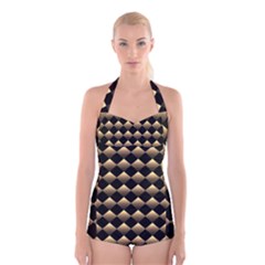 Golden-chess-board-background Boyleg Halter Swimsuit  by Simbadda