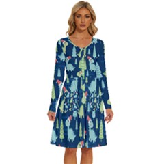 Cute-dinosaurs-animal-seamless-pattern-doodle-dino-winter-theme Long Sleeve Dress With Pocket by Simbadda