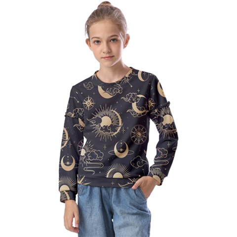 Asian Seamless Pattern With Clouds Moon Sun Stars Vector Collection Oriental Chinese Japanese Korean Kids  Long Sleeve Tee With Frill  by Grandong