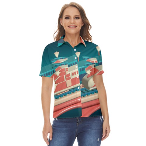 Bridge Transportation Train Toys Women s Short Sleeve Double Pocket Shirt by Grandong