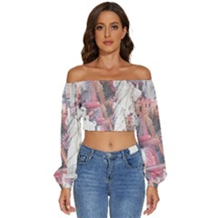 Vintage Landmarks Travel Long Sleeve Crinkled Weave Crop Top by Proyonanggan