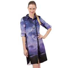 Moonlit A Forest At Night With A Full Moon Long Sleeve Mini Shirt Dress by Proyonanggan