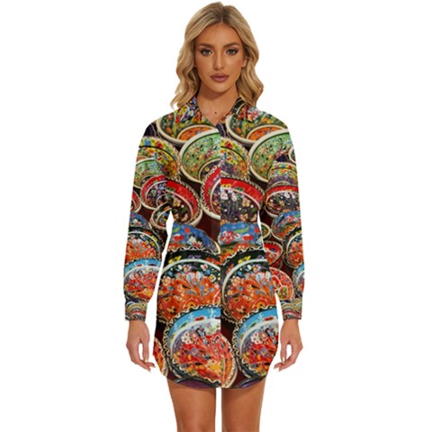 Art Background Bowl Ceramic Color Womens Long Sleeve Shirt Dress by Proyonanggan