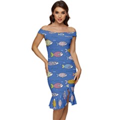 Sea Fish Blue Submarine Animal Off Shoulder Ruffle Split Hem Bodycon Dress by Proyonanggan