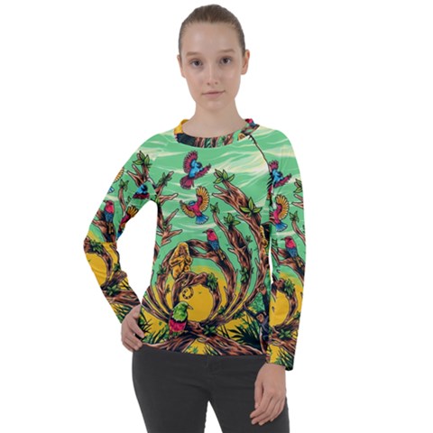 Monkey Tiger Bird Parrot Forest Jungle Style Women s Long Sleeve Raglan Tee by Grandong