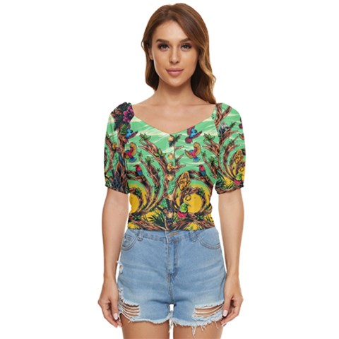 Monkey Tiger Bird Parrot Forest Jungle Style Button Up Blouse by Grandong
