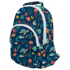 Variety Of Fish Illustration Turtle Jellyfish Art Texture Rounded Multi Pocket Backpack by Bangk1t
