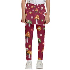 Woodland Mushroom And Daisy Seamless Pattern On Red Backgrounds Kids  Skirted Pants by Amaryn4rt