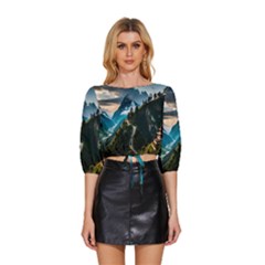 Nature Mountain Valley Mid Sleeve Drawstring Hem Top by Ravend