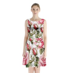 Flower Rose Pink Sleeveless Waist Tie Chiffon Dress by Ravend