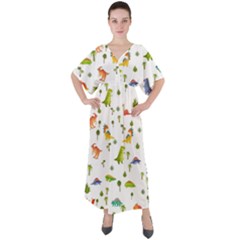 Vector Baby Dino Seamless Pattern V-neck Boho Style Maxi Dress by Grandong