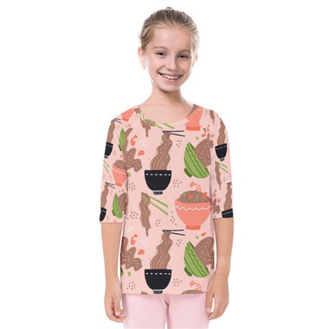 Japanese Street Food Soba Noodle In Bowl Pattern Kids  Quarter Sleeve Raglan Tee by Grandong