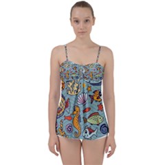 Cartoon Underwater Seamless Pattern With Crab Fish Seahorse Coral Marine Elements Babydoll Tankini Top by Grandong