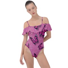 Pink Glitter Butterfly Frill Detail One Piece Swimsuit by uniart180623