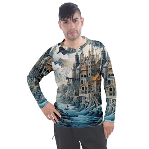 Castle Storm Sea Men s Pique Long Sleeve T-shirt by pakminggu