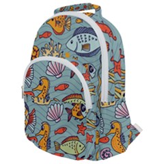 Cartoon Underwater Seamless Pattern With Crab Fish Seahorse Coral Marine Elements Rounded Multi Pocket Backpack by Bedest