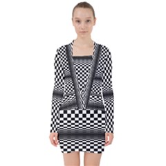 Art-optical-black-white-contrast V-neck Bodycon Long Sleeve Dress by Bedest
