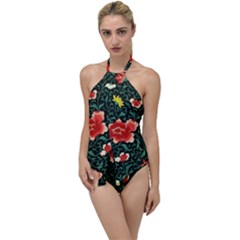 Background Vintage Japanese Design Go With The Flow One Piece Swimsuit by Bedest