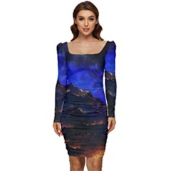Landscape-sci-fi-alien-world Women Long Sleeve Ruched Stretch Jersey Dress by Bedest