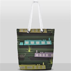 Narrow-boats-scene-pattern Full Print Rope Handle Tote (small) by Cowasu