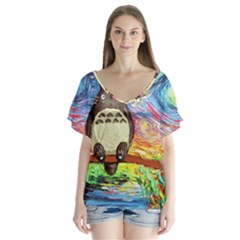 Cartoon Starry Night Art Van Gogh Parody V-neck Flutter Sleeve Top by Sarkoni