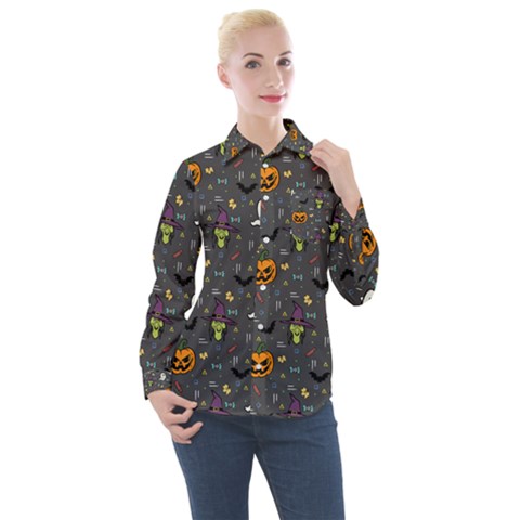 Halloween Pattern Bat Women s Long Sleeve Pocket Shirt by Bangk1t