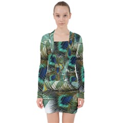 Peacock Feathers V-neck Bodycon Long Sleeve Dress by Bedest