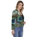 Peacock Feathers Women s Long Sleeve Revers Collar Cropped Jacket View3