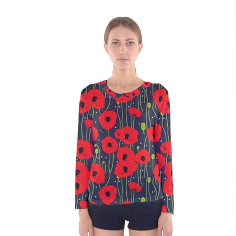 Background Poppies Flowers Seamless Ornamental Women s Long Sleeve T-shirt by Ravend
