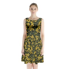 Sunflowers Yellow Flowers Flowers Digital Drawing Sleeveless Waist Tie Chiffon Dress by Ravend