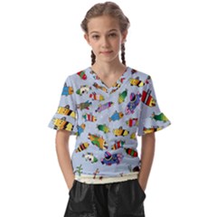 Fish Ocean Sea Water Diving Blue Kids  V-neck Horn Sleeve Blouse by Ndabl3x