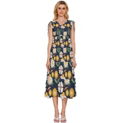 Flower Grey Pattern Floral V-neck Drawstring Shoulder Sleeveless Maxi Dress by Dutashop