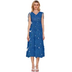 Sky Night Moon Clouds Crescent V-neck Drawstring Shoulder Sleeveless Maxi Dress by Proyonanggan