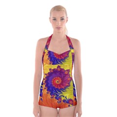 Fractal Spiral Bright Colors Boyleg Halter Swimsuit  by Proyonanggan