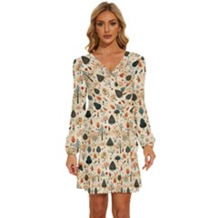 Pattern Seamless Long Sleeve Waist Tie Ruffle Velvet Dress by Proyonanggan
