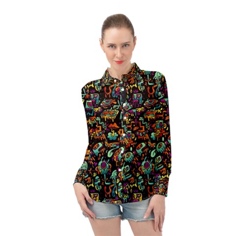 Multicolored Doodle Abstract Colorful Multi Colored Long Sleeve Chiffon Shirt by Grandong