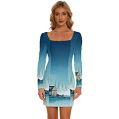 Winter Scenery Minimalist Night Landscape Long Sleeve Square Neck Bodycon Velvet Dress by Sarkoni
