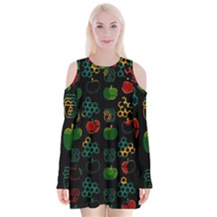 Apples Honey Honeycombs Pattern Velvet Long Sleeve Shoulder Cutout Dress by Sarkoni