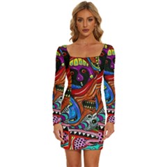 Psychedelic Trippy Hippie  Weird Art Long Sleeve Square Neck Bodycon Velvet Dress by Sarkoni