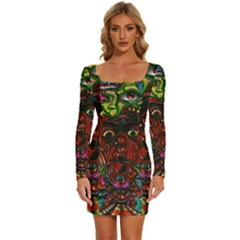 Somewhere Near Oblivion Nightmares Acid Colors Psychedelic Long Sleeve Square Neck Bodycon Velvet Dress by Sarkoni