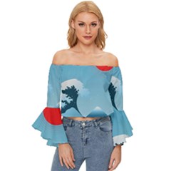 Minimalism Great Wave Off Kanagawa Off Shoulder Flutter Bell Sleeve Top by Sarkoni