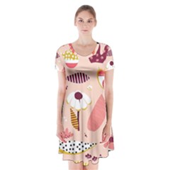 Scandinavian Flat Floral Background Coral Pink White Black Gold Pattern Short Sleeve V-neck Flare Dress by Sarkoni