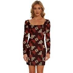 Oriental Dragon Motif Pattern Long Sleeve Square Neck Bodycon Velvet Dress by Sarkoni