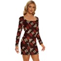 Oriental Dragon Motif Pattern Long Sleeve Square Neck Bodycon Velvet Dress View3
