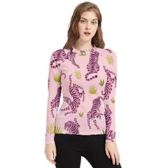 Pink Tigers And Tropical Leaves Patern Women s Long Sleeve Rash Guard by Sarkoni