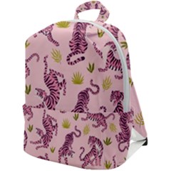 Pink Tigers And Tropical Leaves Patern Zip Up Backpack by Sarkoni